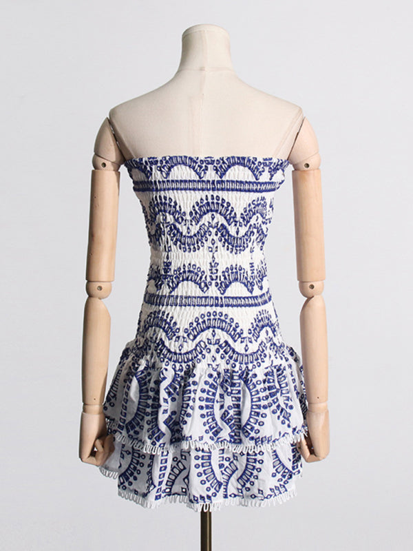 Margaret New Sexy Hot Girl Embroidered Tube Top Dress With Hollow Ruffles And Stitching Design A-Line Skirt