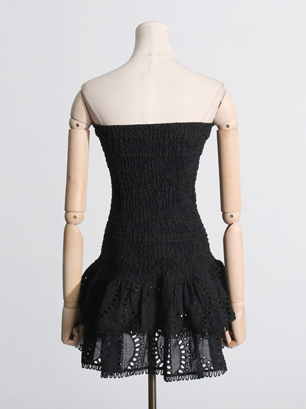 Margaret New Sexy Hot Girl Embroidered Tube Top Dress With Hollow Ruffles And Stitching Design A-Line Skirt