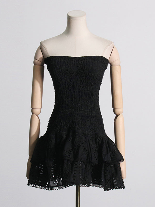 Margaret New Sexy Hot Girl Embroidered Tube Top Dress With Hollow Ruffles And Stitching Design A-Line Skirt