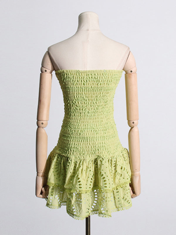 Margaret New Sexy Hot Girl Embroidered Tube Top Dress With Hollow Ruffles And Stitching Design A-Line Skirt