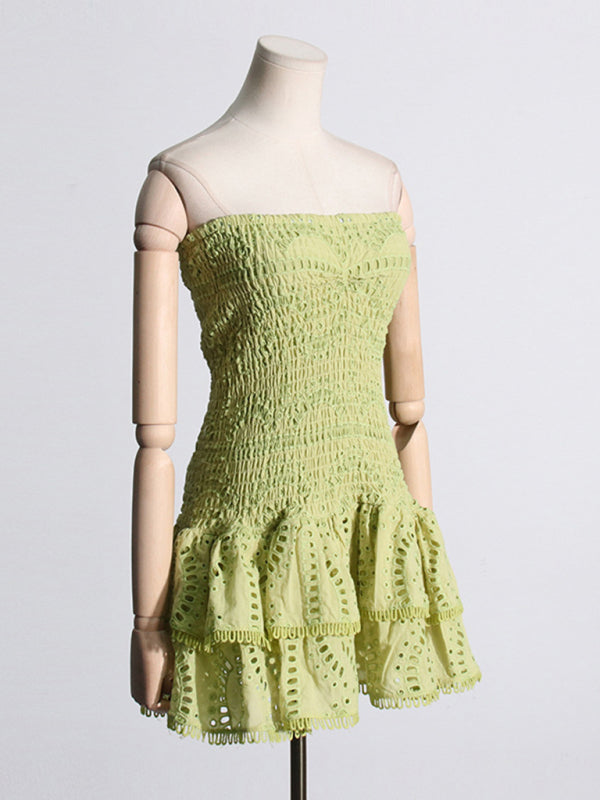Margaret New Sexy Hot Girl Embroidered Tube Top Dress With Hollow Ruffles And Stitching Design A-Line Skirt