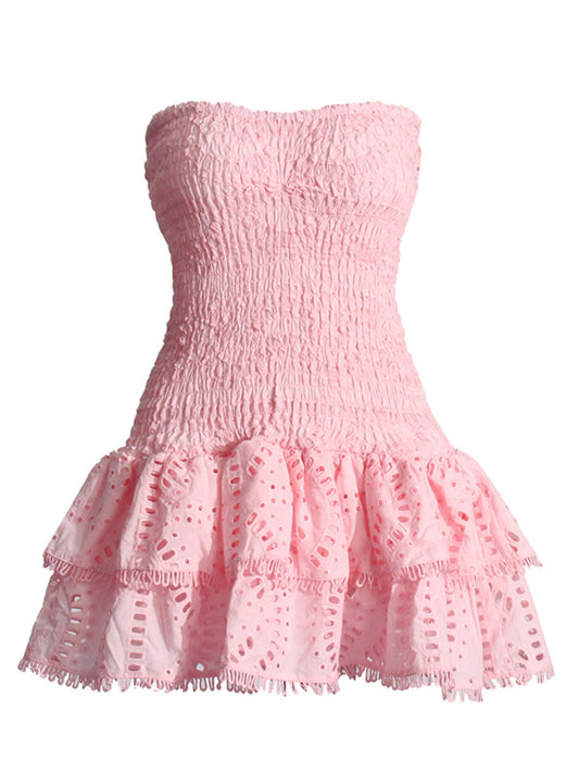Margaret New Sexy Hot Girl Embroidered Tube Top Dress With Hollow Ruffles And Stitching Design A-Line Skirt
