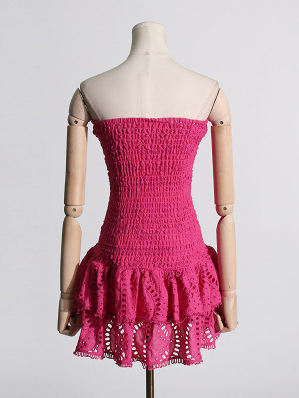Margaret New Sexy Hot Girl Embroidered Tube Top Dress With Hollow Ruffles And Stitching Design A-Line Skirt