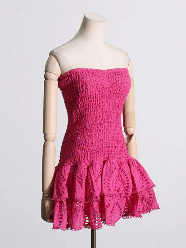 Margaret New Sexy Hot Girl Embroidered Tube Top Dress With Hollow Ruffles And Stitching Design A-Line Skirt