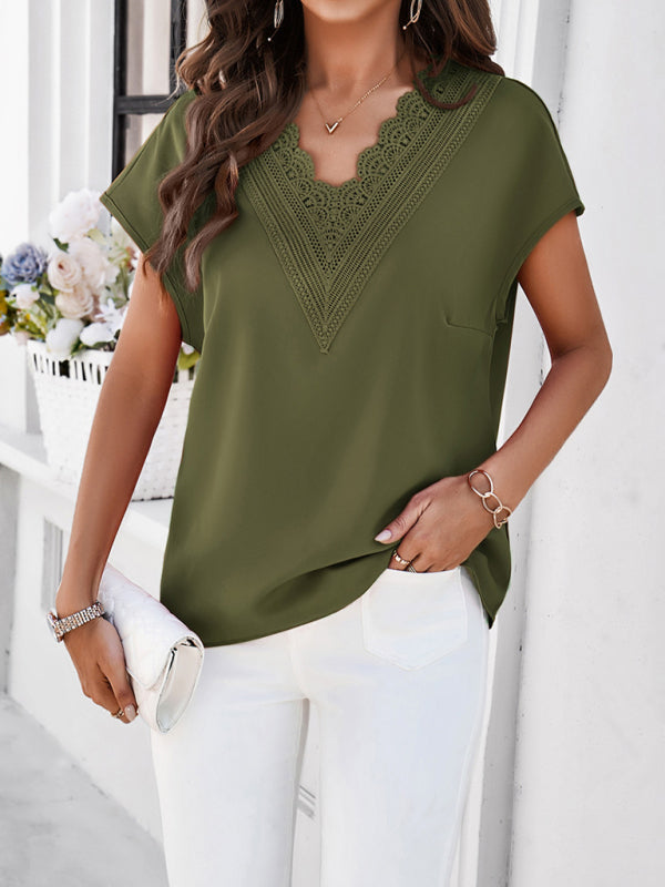 Evonnie Women's Casual Solid Color V-Neck Short-Sleeved Shirt