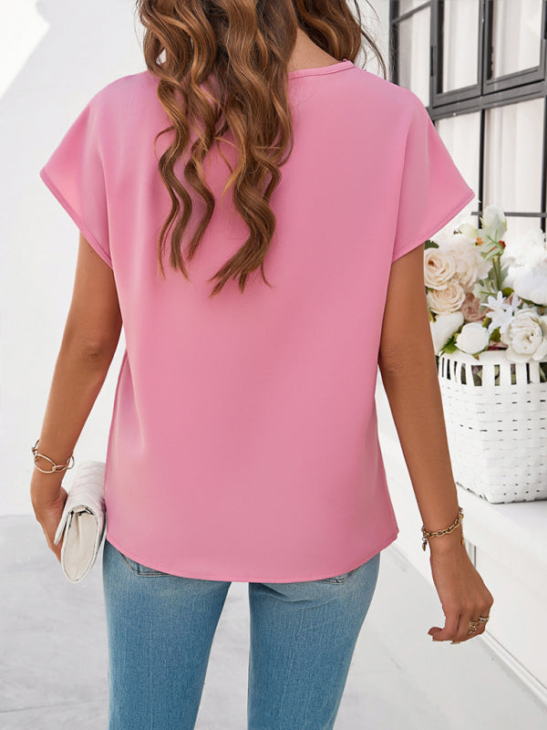 Evonnie Women's Casual Solid Color V-Neck Short-Sleeved Shirt