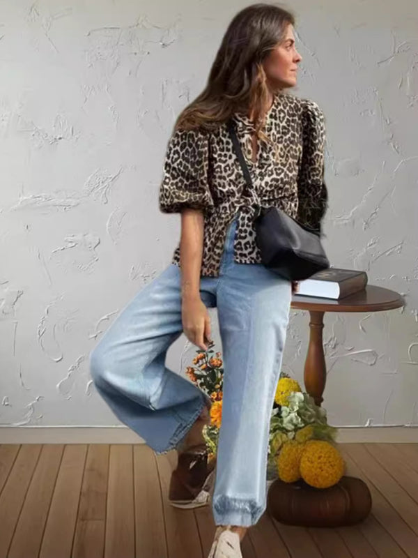 Evelina Fashionable Casual Leopard Print Hollow Lace Up Puff Sleeve Shirt Women's Top