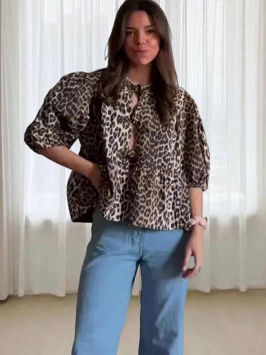 Evelina Fashionable Casual Leopard Print Hollow Lace Up Puff Sleeve Shirt Women's Top