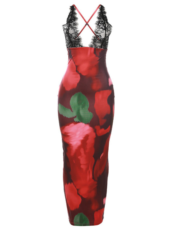 Esther Women's Fashion Lace Suspender Sexy Backless Slim Printed Dress
