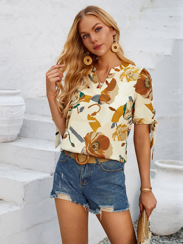 Estrella New Fashionable Printed Casual V-Neck Knotted Top