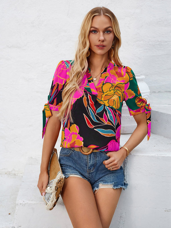 Estrella New Fashionable Printed Casual V-Neck Knotted Top