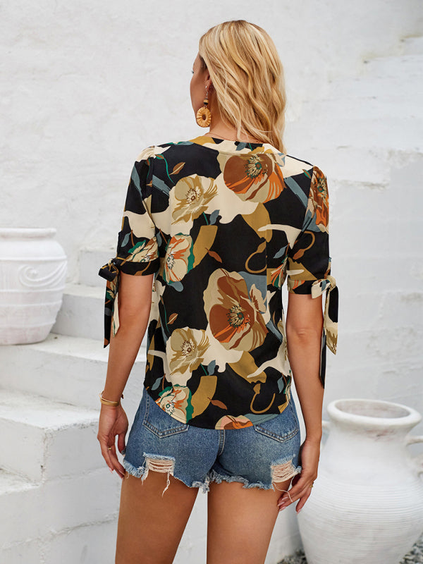 Estrella New Fashionable Printed Casual V-Neck Knotted Top