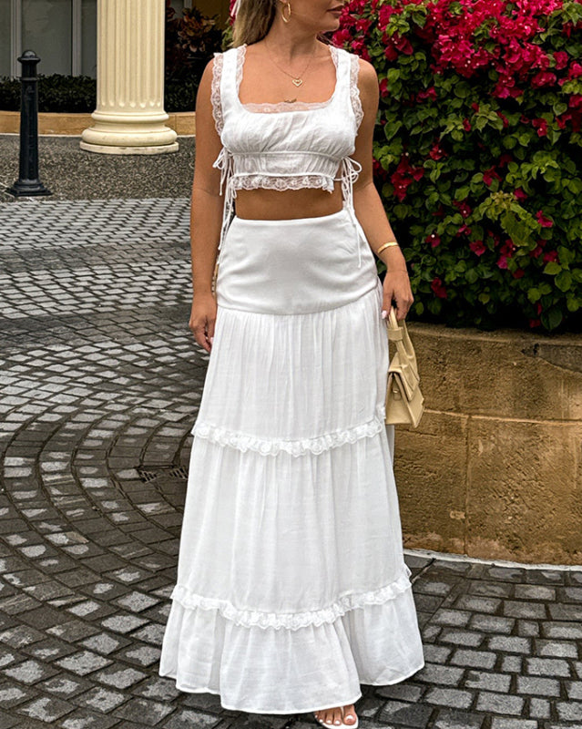 Briana New solid Color Fashion Suit Lace Up Top Long Skirt Suit