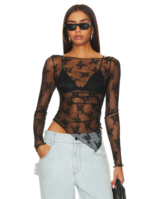 Selah New Mesh Sexy See-Through Small Stand-Up Collar Long-Sleeved Lace Shirt