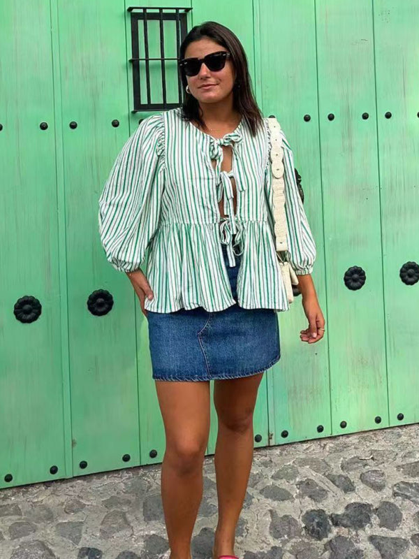 Esme New Fashion Striped Personalized Mid-Long Sleeve Shirt