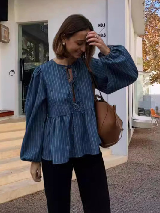 Belicia New Women's Fashionable Casual All-Match Lace-Up Loose Striped Top