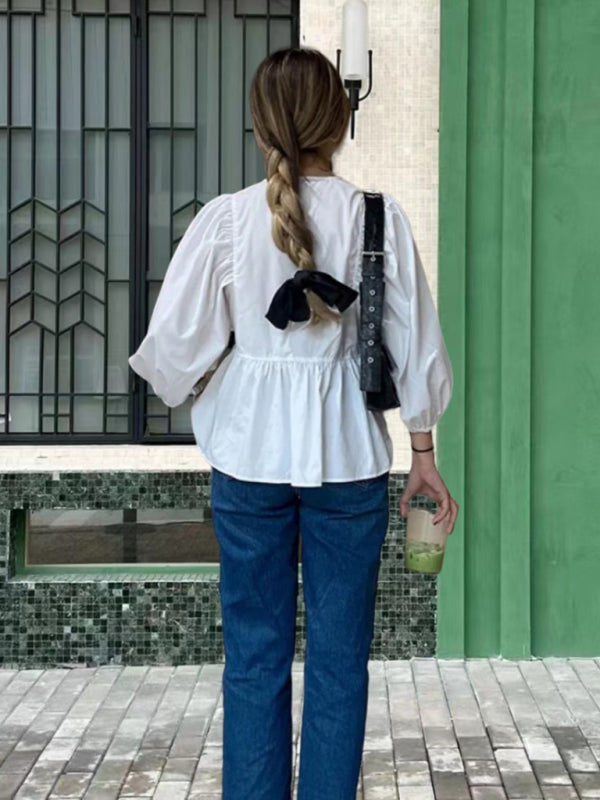 Charmaine New Sweet Casual Strappy Round Neck Puff Sleeve Versatile Shirt