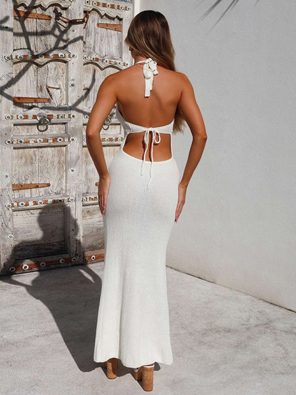 Liliana New Women Fashionable Halterneck Sexy Low-Cut Backless Knitted Hollow See-Through Dess