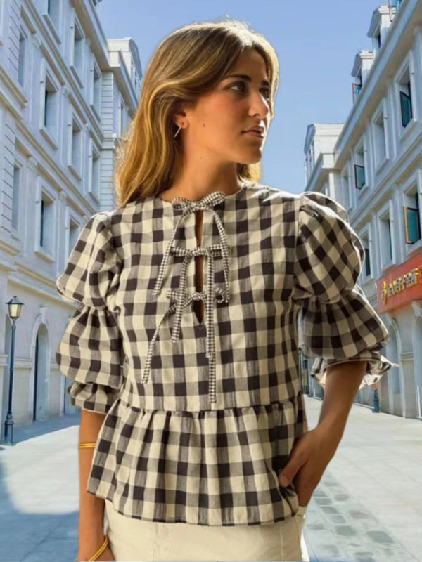 Myla Fashionable Round Neck Tie Puff Sleeve Waist Solid Color Cute Shirt Top