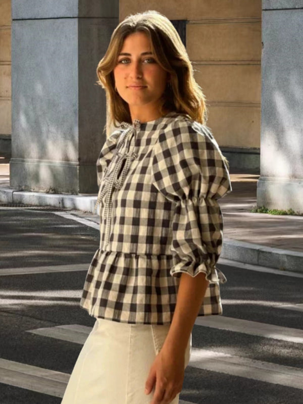 Myla Fashionable Round Neck Tie Puff Sleeve Waist Solid Color Cute Shirt Top