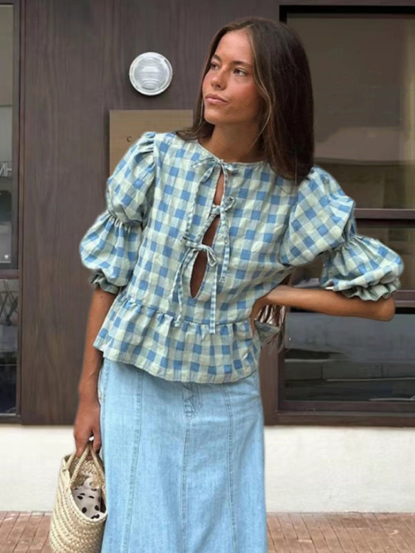 Myla Fashionable Round Neck Tie Puff Sleeve Waist Solid Color Cute Shirt Top