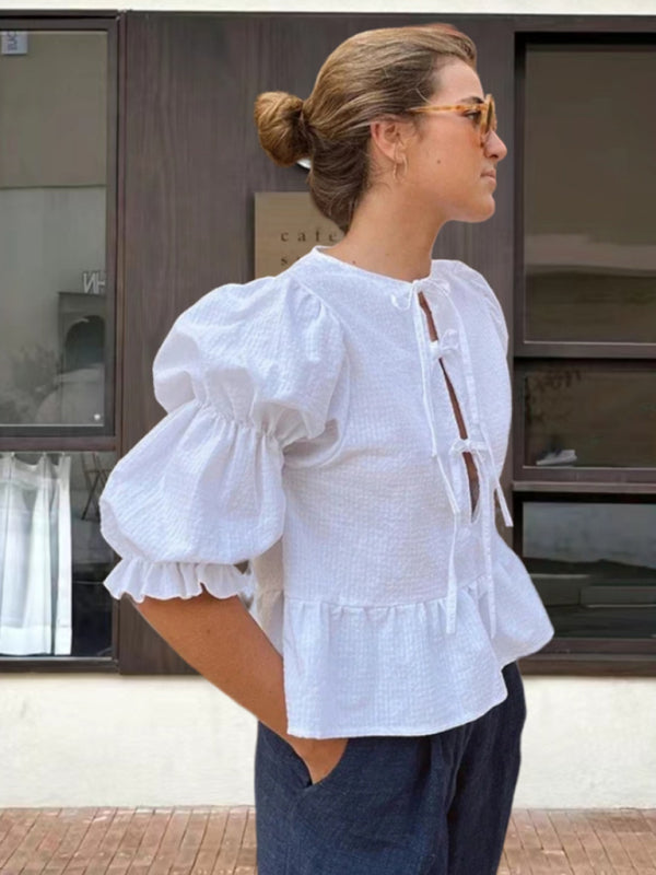 Myla Fashionable Round Neck Tie Puff Sleeve Waist Solid Color Cute Shirt Top