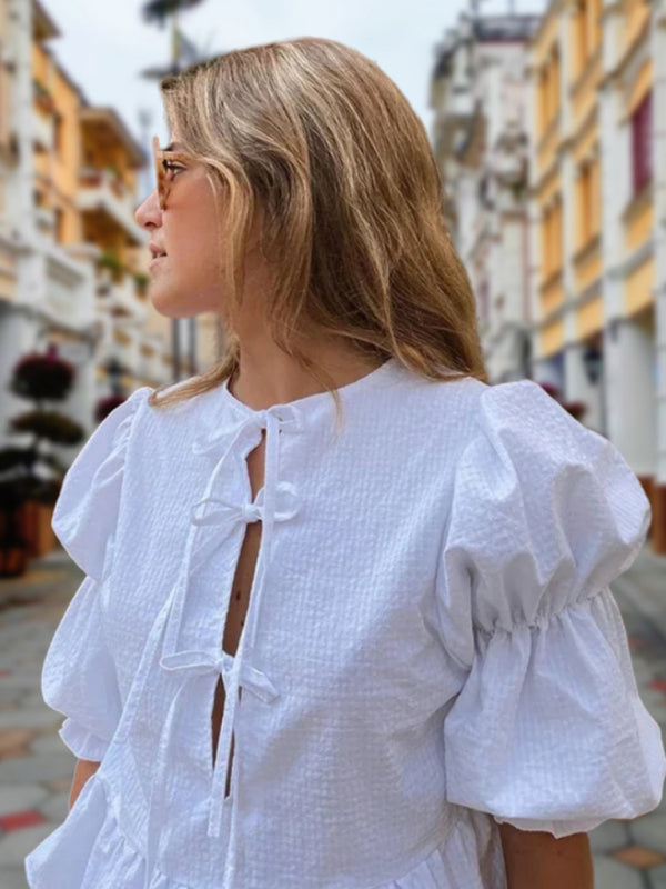 Myla Fashionable Round Neck Tie Puff Sleeve Waist Solid Color Cute Shirt Top