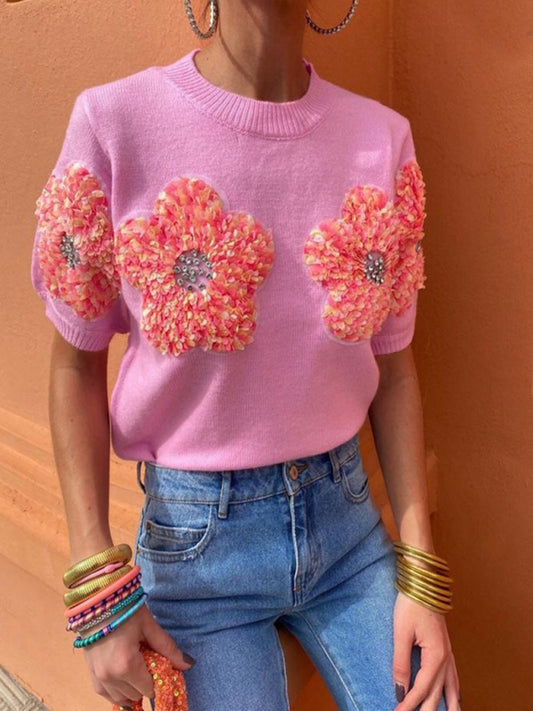 Haisley New Contrasting Flower Sweet Pink Round Neck Short-Sleeved Sweater