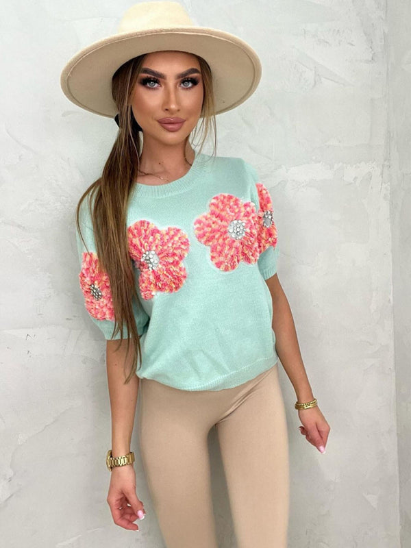 Haisley New Contrasting Flower Sweet Pink Round Neck Short-Sleeved Sweater