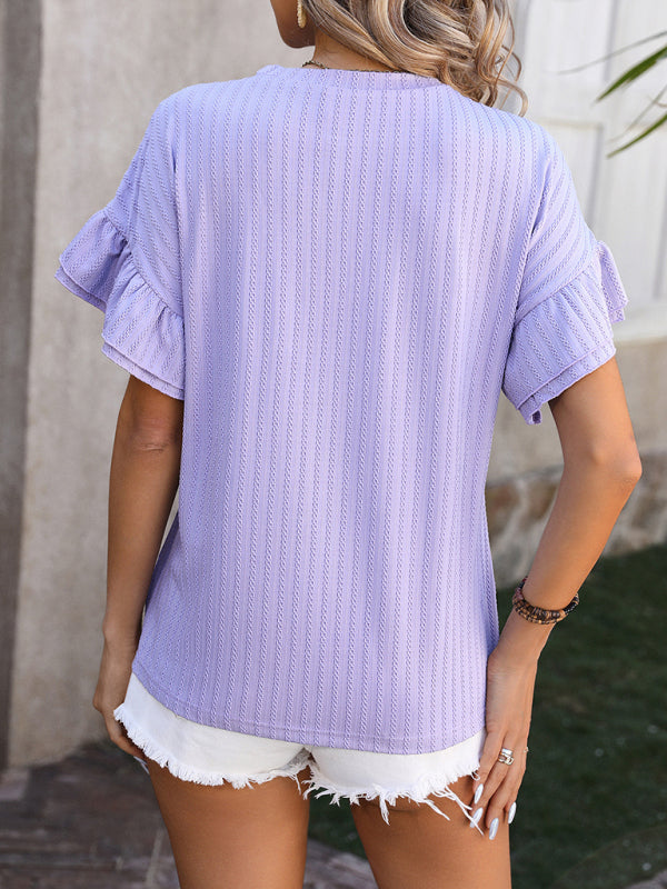 Lindsay New Solid Color Round Neck Ruffle Sleeve Short Sleeve T-Shirt Top