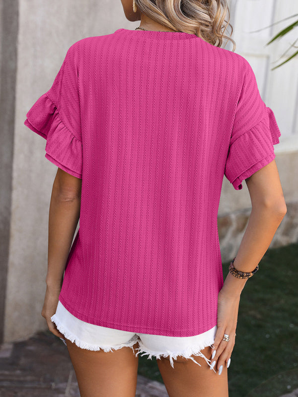 Lindsay New Solid Color Round Neck Ruffle Sleeve Short Sleeve T-Shirt Top
