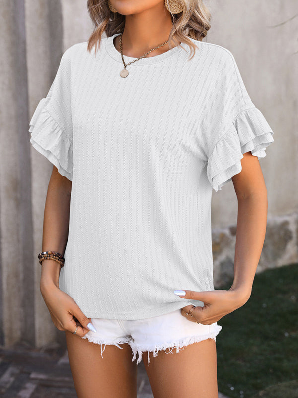 Lindsay New Solid Color Round Neck Ruffle Sleeve Short Sleeve T-Shirt Top