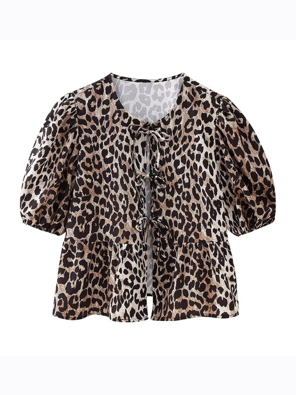 Annalora Fashionable, Casual And Versatile Multi-Color Puff Sleeve Lace-Up Top