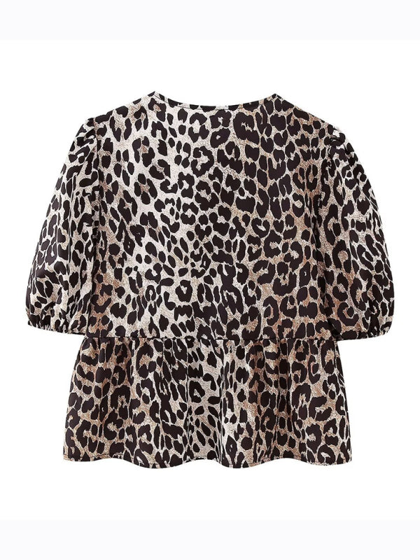 Annalora Fashionable, Casual And Versatile Multi-Color Puff Sleeve Lace-Up Top