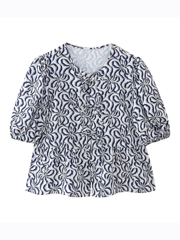 Annalora Fashionable, Casual And Versatile Multi-Color Puff Sleeve Lace-Up Top