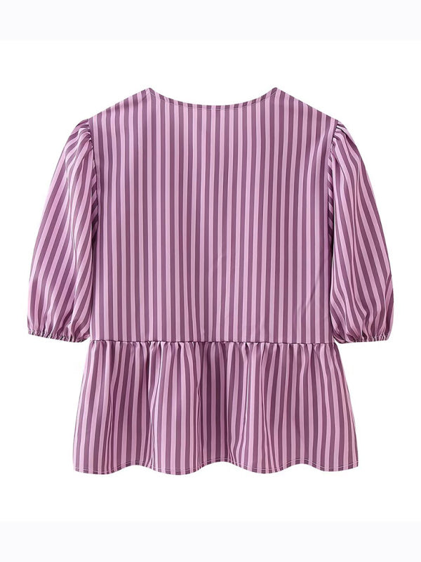 Annalora Fashionable, Casual And Versatile Multi-Color Puff Sleeve Lace-Up Top