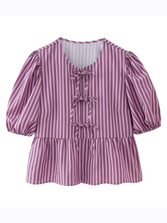 Annalora Fashionable, Casual And Versatile Multi-Color Puff Sleeve Lace-Up Top