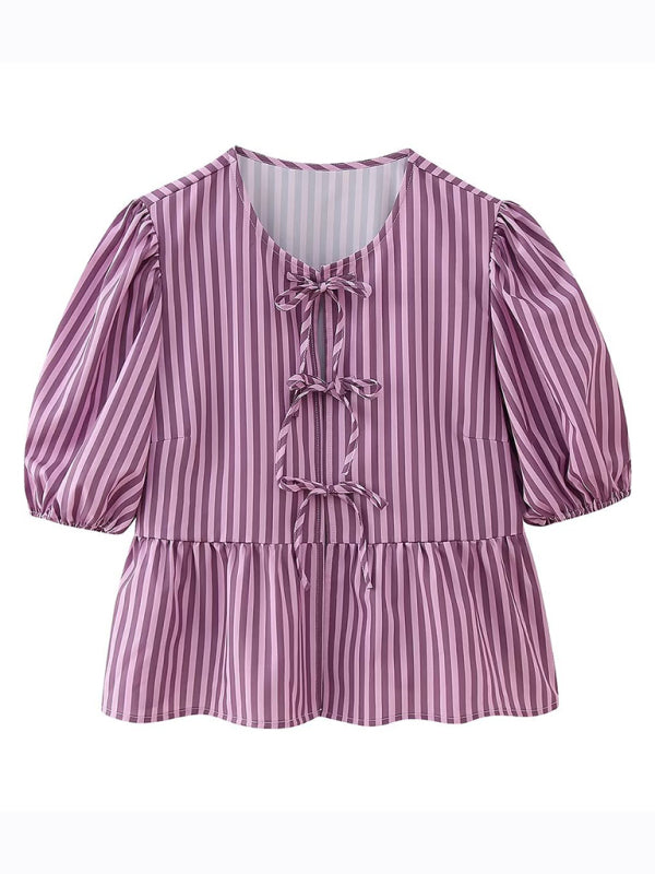 Annalora Fashionable, Casual And Versatile Multi-Color Puff Sleeve Lace-Up Top