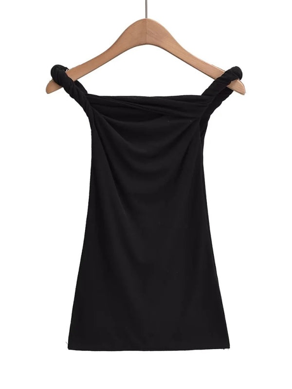 Coralie New Design Twisting One-Line Collar Sexy Hot Girl Slim Solid Color T-Shirt