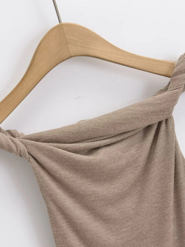 Coralie New Design Twisting One-Line Collar Sexy Hot Girl Slim Solid Color T-Shirt