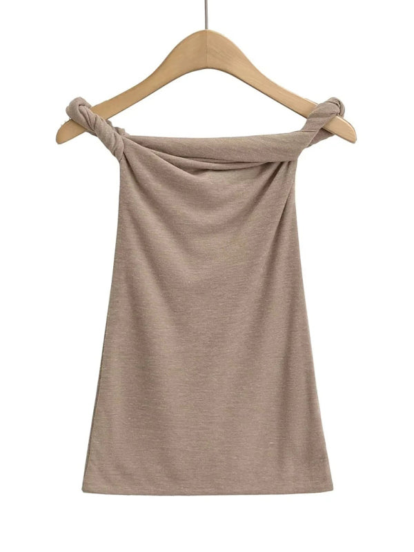 Coralie New Design Twisting One-Line Collar Sexy Hot Girl Slim Solid Color T-Shirt