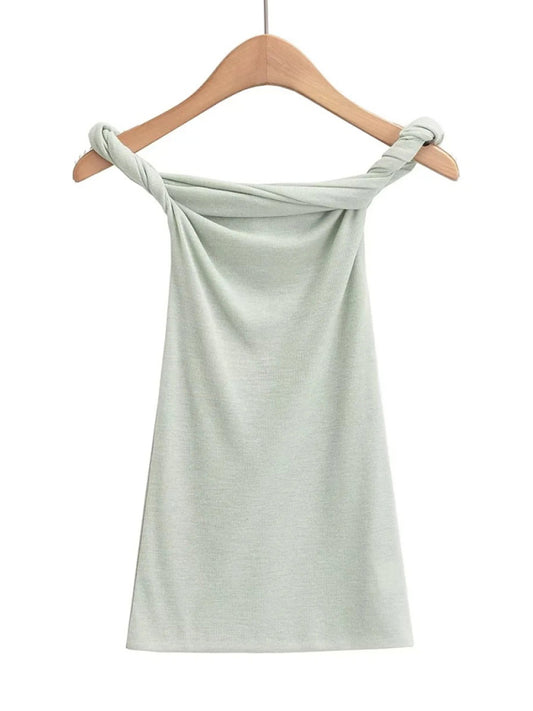 Coralie New Design Twisting One-Line Collar Sexy Hot Girl Slim Solid Color T-Shirt