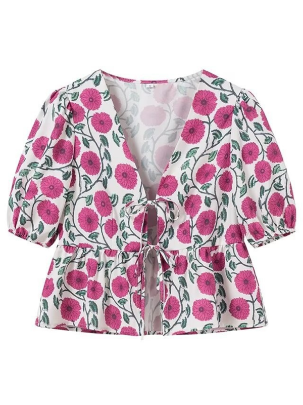 Marit Women's Irregular Floral Print V-Neck Short-Sleeved Bow-Detailed Lace-Up Shirt Top