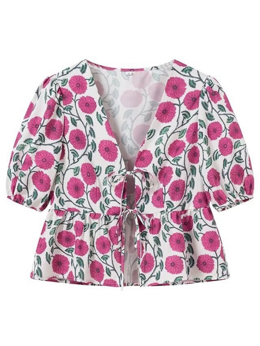 Marit Women's Irregular Floral Print V-Neck Short-Sleeved Bow-Detailed Lace-Up Shirt Top
