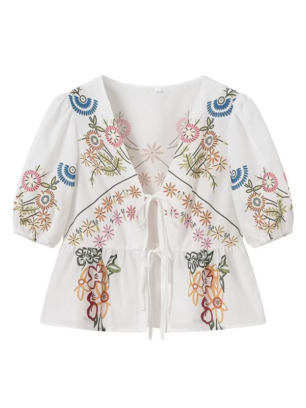 Marit Women's Irregular Floral Print V-Neck Short-Sleeved Bow-Detailed Lace-Up Shirt Top