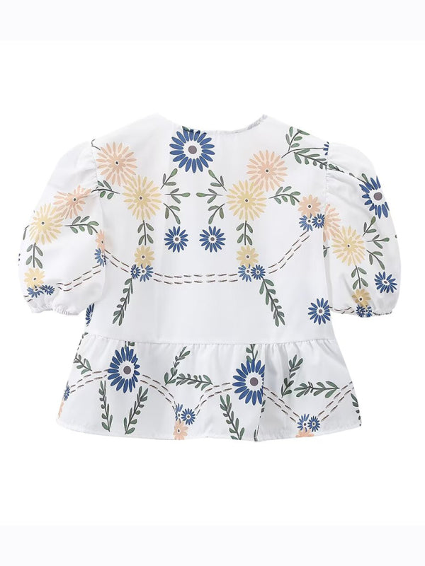 Marit Women's Irregular Floral Print V-Neck Short-Sleeved Bow-Detailed Lace-Up Shirt Top