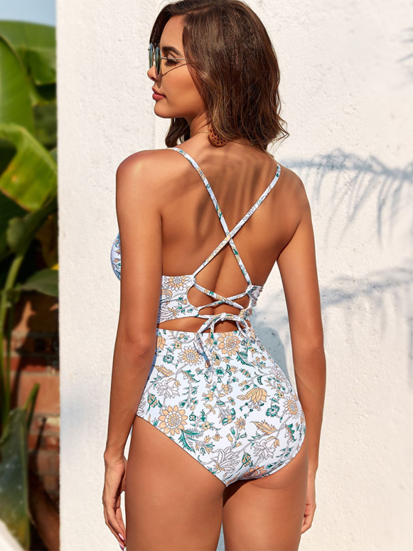 Kaydence New Sexy Strappy Printed Smocked One-Piece Swimsuit (Shawl Not Included)
