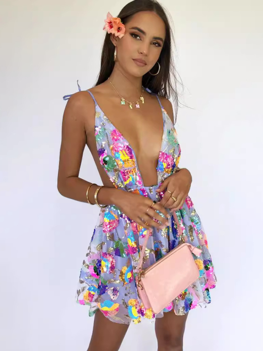 Sloane Women's Sexy Deep V Backless Sequin Floral Strappy Short Dress