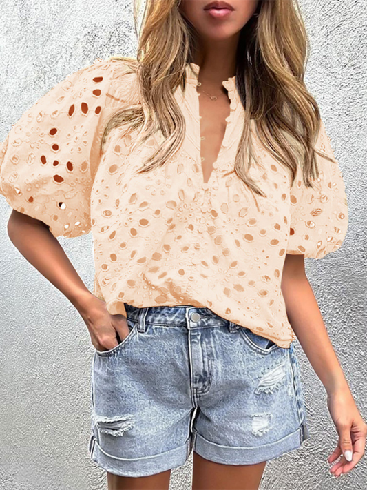 Deanna Women's New Style Puff Sleeve Embroidered Shirt