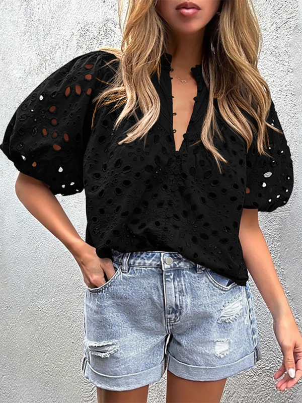 Deanna Women's New Style Puff Sleeve Embroidered Shirt